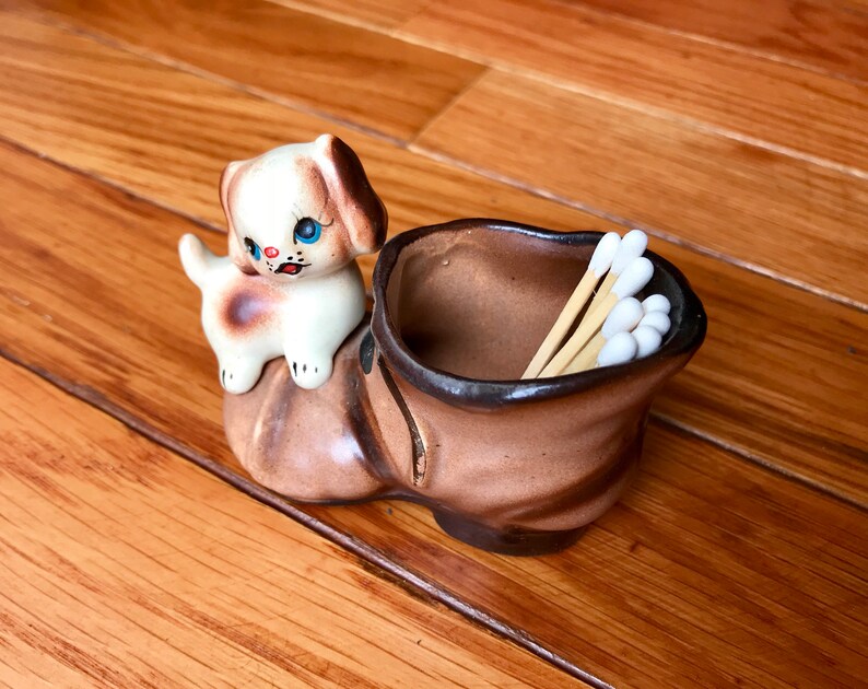 Puppy Dog on a Boot Vintage Ceramic Toothpick Holder Enesco Mini Succulent Planter
