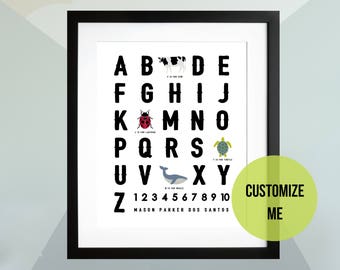 Custom ABC Poster, Printable, Animal ABC Art, Alphabet Artwork, Alphabet Chart, Nursery Wall Decor, Home Decor, Baby Room Decor