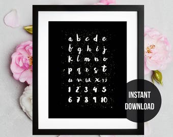 Alphabet Wall Decor, Instant Download, Script ABC Poster, Printable, Kids ABC Chart, Nursery Wall Decor, Black White Gold, Toddler Art