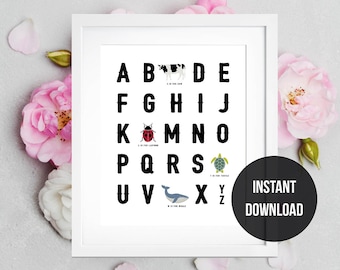 Alphabet Wall Decor, Instant Download, Toddler Poster, Printable Art, Childrens Animal ABC Chart, Nursery Wall Decor, Preschool Art