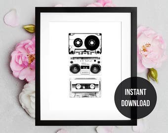 Old School Cassette Tape Boombox Poster, Instant Download, Printable Wall Decor, Nursery Art, Black & White Art,  Playroom Decor, Poster