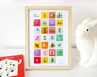 Cadre ABC du jardin – Abécédaire imprimé et encadré – Photos figurines thème nature, jardinage – Affiche colorée et ludique chambre enfant