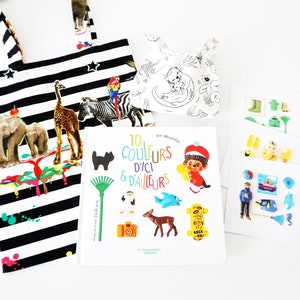 Borsa da lettura a colori – Tote bag + libro per bambini “10 colori di qui e altrove” + astuccio da colorare + 3 mini scatole + 3 carte