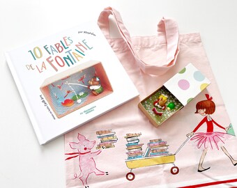 Sac à lecture des Fables – Tote bag + livre enfant “10 Fables de la Fontaine” + boite diorama lièvre et tortue – Cadeau Noël enfant