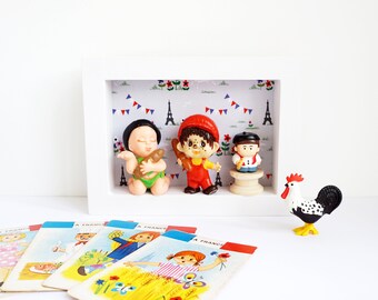 Cadre 3D “Little Frenchy” – Décoration chambre enfant ou bureau – Figurines français, baguette, béret, Paris – Cadeau Noël