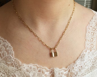 14k Gold Filled Paperclip Chain * 14k Gold Padlock * Rectangular Link Chain * Tiny Lock Charm * Layering Necklace