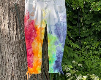 NWT 2pc KASH TEN Retro Rainbow Tie Dye Tulle Trim Tunic & Capri Leggings SET 