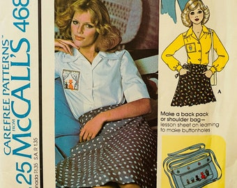 Uncut 1970s McCall's Vintage Sewing Pattern 4688, Size 12; Misses' Blouse and Bag