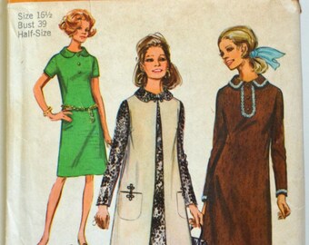 1970s Simplicity Vintage Sewing Pattern 9083, Size 16.5; Dress and Vest-Coat in Half-Sizes