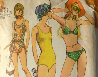 1970s Simplicity Vintage Sewing Pattern 9321, Size 8; Misses' Set of Bathing Suits