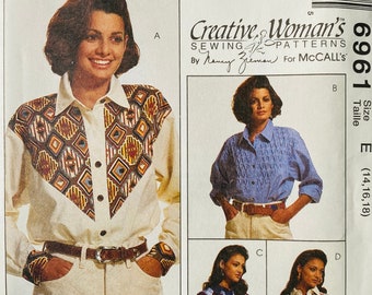 Uncut 1990s McCall's Vintage Sewing Pattern 6961, Size 14-16-18; Misses' Shirts