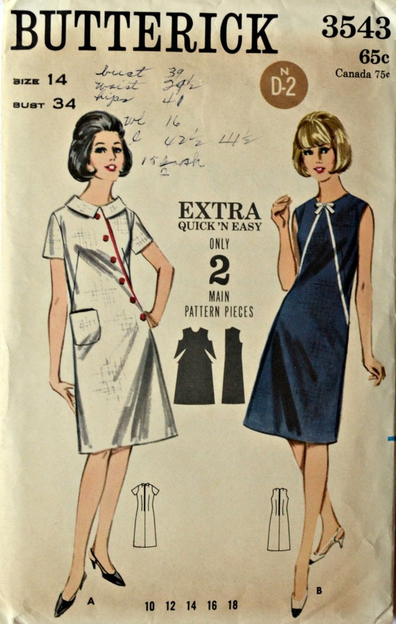 Butterick Sewing Pattern # 3496 Misses Dress in 2 Lengths Size 14-16-18