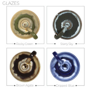 May include: Four ceramic mugs with different glaze colors: Rocky Green, Starry Sky, Brown Agate, and Dripped Blue. Each mug has a unique design and color combination.