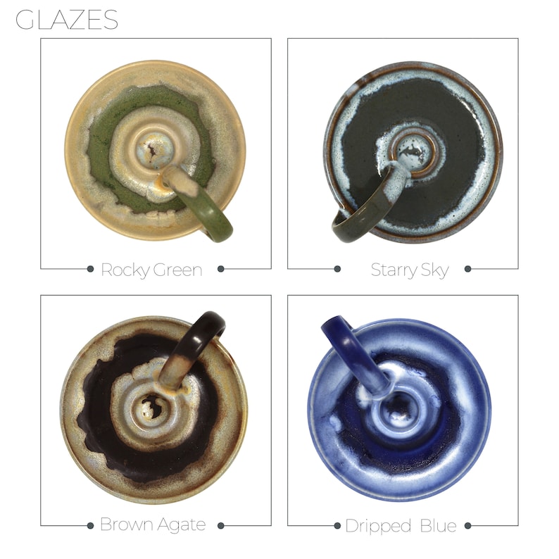 May include: Four ceramic mugs with different glaze colors: Rocky Green, Starry Sky, Brown Agate, and Dripped Blue. Each mug has a unique design and color combination.