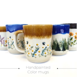 Taza de café de gres pintada a mano, taza de café de gres, taza de café floral, jarra de cerveza, taza de cerámica hecha a mano, cerámica pintada a mano.