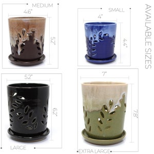 May include: Four ceramic plant pots in different sizes and colours. The pots have a leaf design and are available in small, medium, large, and extra large sizes. The pots are 4 inches, 4.6 inches, 5.2 inches, and 7 inches in diameter.
