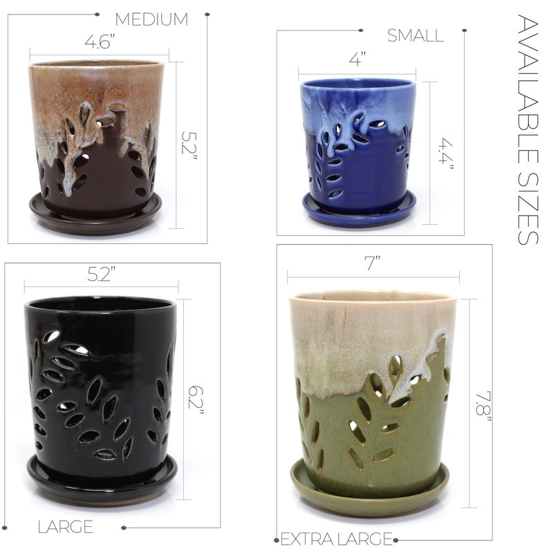 May include: Four ceramic plant pots in different sizes and colours. The pots have a leaf design and are available in small, medium, large, and extra large sizes. The pots are 4 inches, 4.6 inches, 5.2 inches, and 7 inches in diameter.