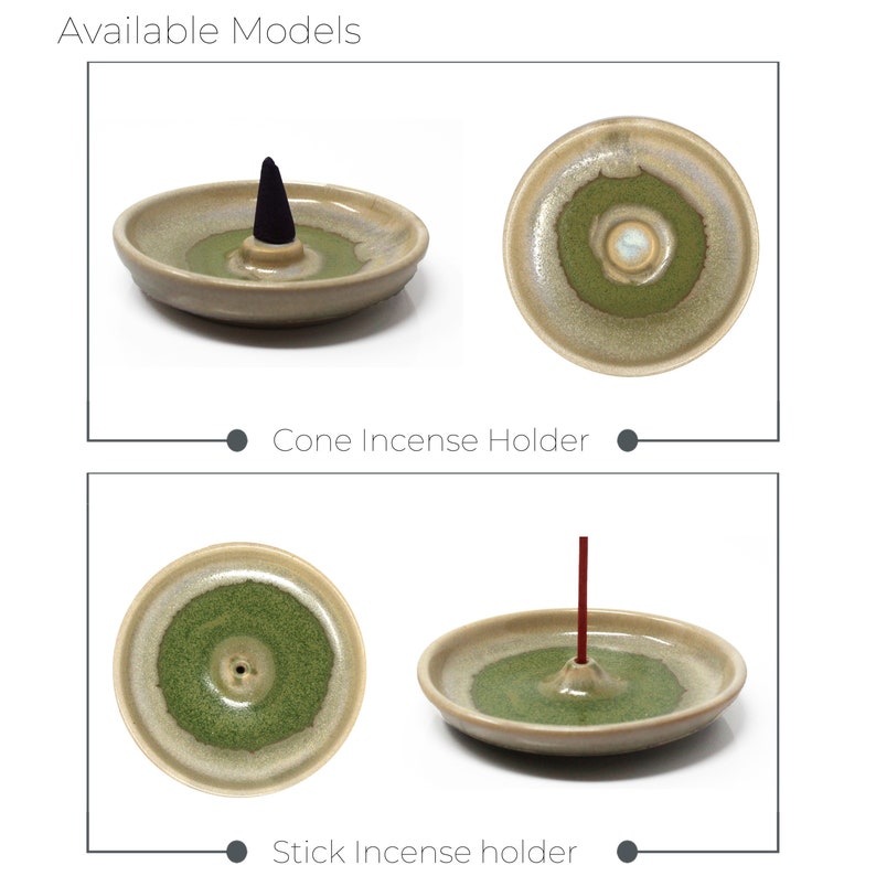 May include: Two ceramic incense holders. The first is a cone incense holder with a small, black cone on top. The second is a stick incense holder with a red stick incense inserted into the holder. Both holders have a green and beige glaze.