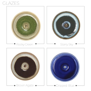 May include: Four ceramic incense holders with different glazes: Rocky Green, Starry Sky, Brown Agate, and Dripped Blue. Each holder has a small hole in the center for incense.