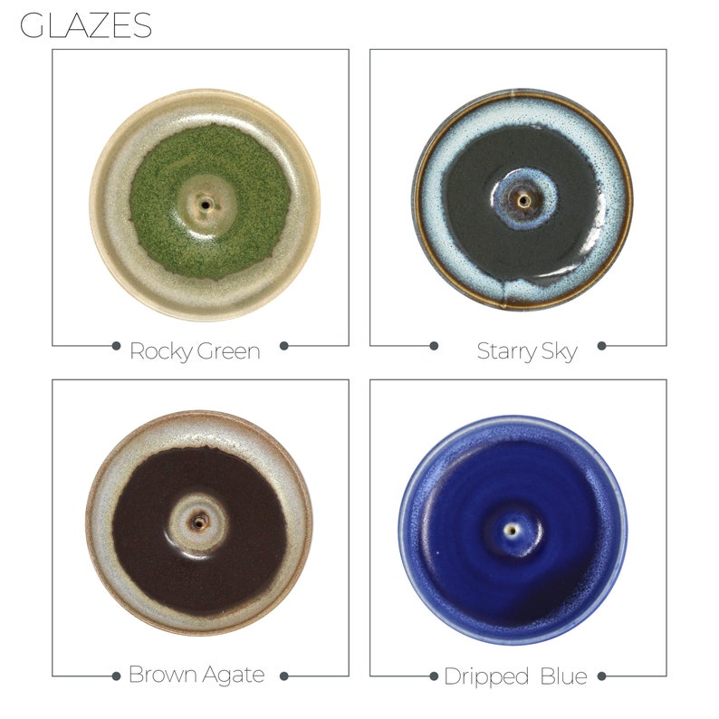 May include: Four ceramic incense holders with different glazes: Rocky Green, Starry Sky, Brown Agate, and Dripped Blue. Each holder has a small hole in the center for incense.