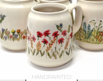 Stoneware Handpainted Coffee Mug, Stoneware Coffe Mug, Floral Coffee Mug, Beer Jug,  Handmade Mug Pottery, Handpainted Ceramics.