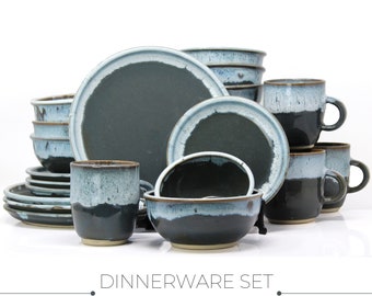 Blue Stoneware Dinnerware Set of 4, Pottery Dinnerware Set Rustic, Dinnerware Set Stoneware, Handmade Dish Set Pottery, Blue Dishes Set.