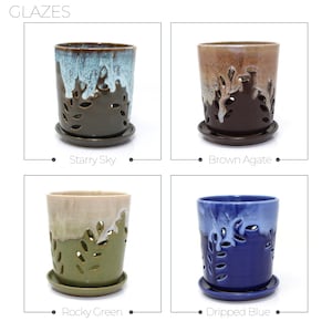 May include: Four ceramic planters with different glazes: Starry Sky, Brown Agate, Rocky Green, and Dripped Blue. Each planter has a cutout design of leaves and a matching saucer.