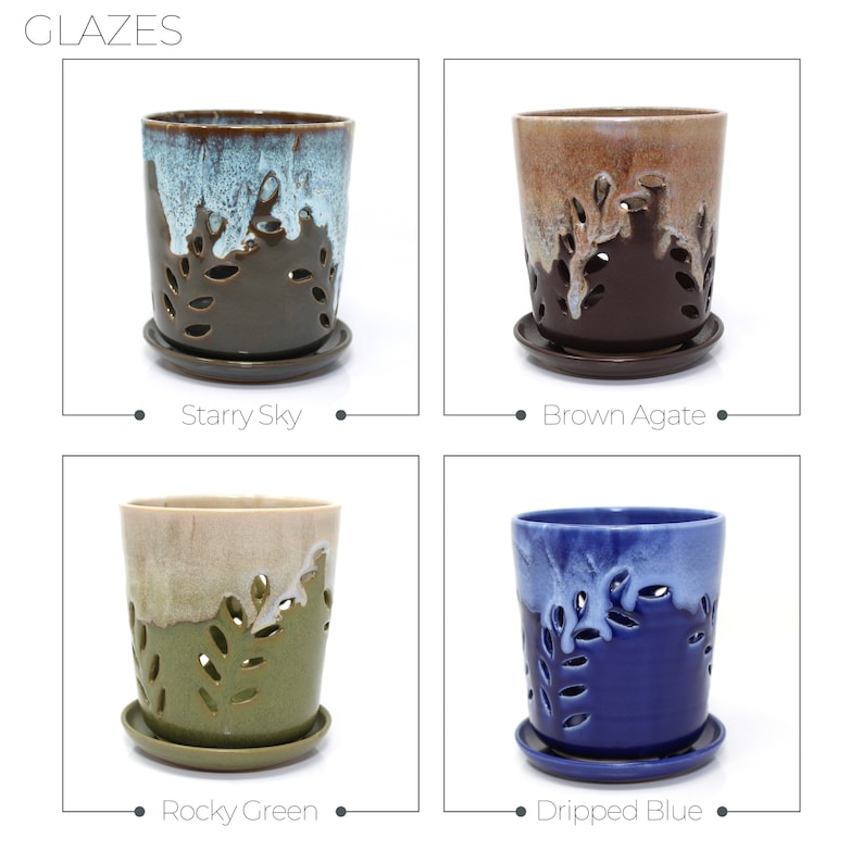 May include: Four ceramic planters with different glazes: Starry Sky, Brown Agate, Rocky Green, and Dripped Blue. Each planter has a cutout design of leaves and a matching saucer.