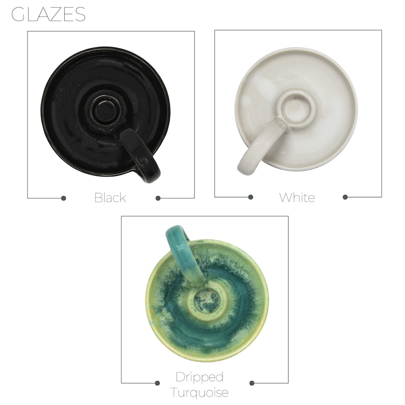 May include: Three ceramic candle holders with different glazes: black, white, and a green and blue turquoise glaze. The holders have a simple design with a small handle.