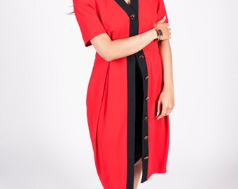 Vintage 1980s Red & Black Button Down Dress
