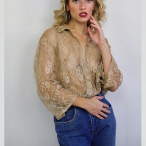 90s beige lace quarter sleeves, medium large, soft romantic, beige lace blouse, Madonna, 90s clothes