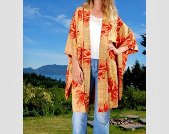 Vintage Kimono Cardigan | Maple Leaf Print | Short Haori Kimono Jacket | Boho Clothing | Hippie Dress | Festival Top | Floral Kimono Robe