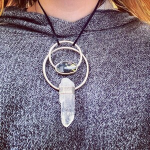 Raw quartz crystal with Cherry blossom stone pendant