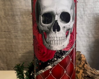 Rose Skull Rhinestone 20 oz. Skinny Tumbler (Custom Made)