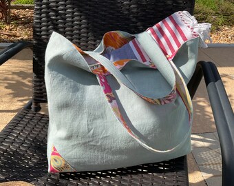 Large linen beach bag with pockets, natural linen summer tote, handmade linen shoulder bag, linen market tote.