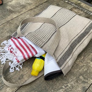 Large natural linen French style single layer market tote bag, heavy duty reusable linen shopping bag, linen shoulder bag for beach or gym.