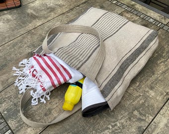Large natural linen French style single layer market tote bag, heavy duty reusable linen shopping bag, linen shoulder bag for beach or gym.