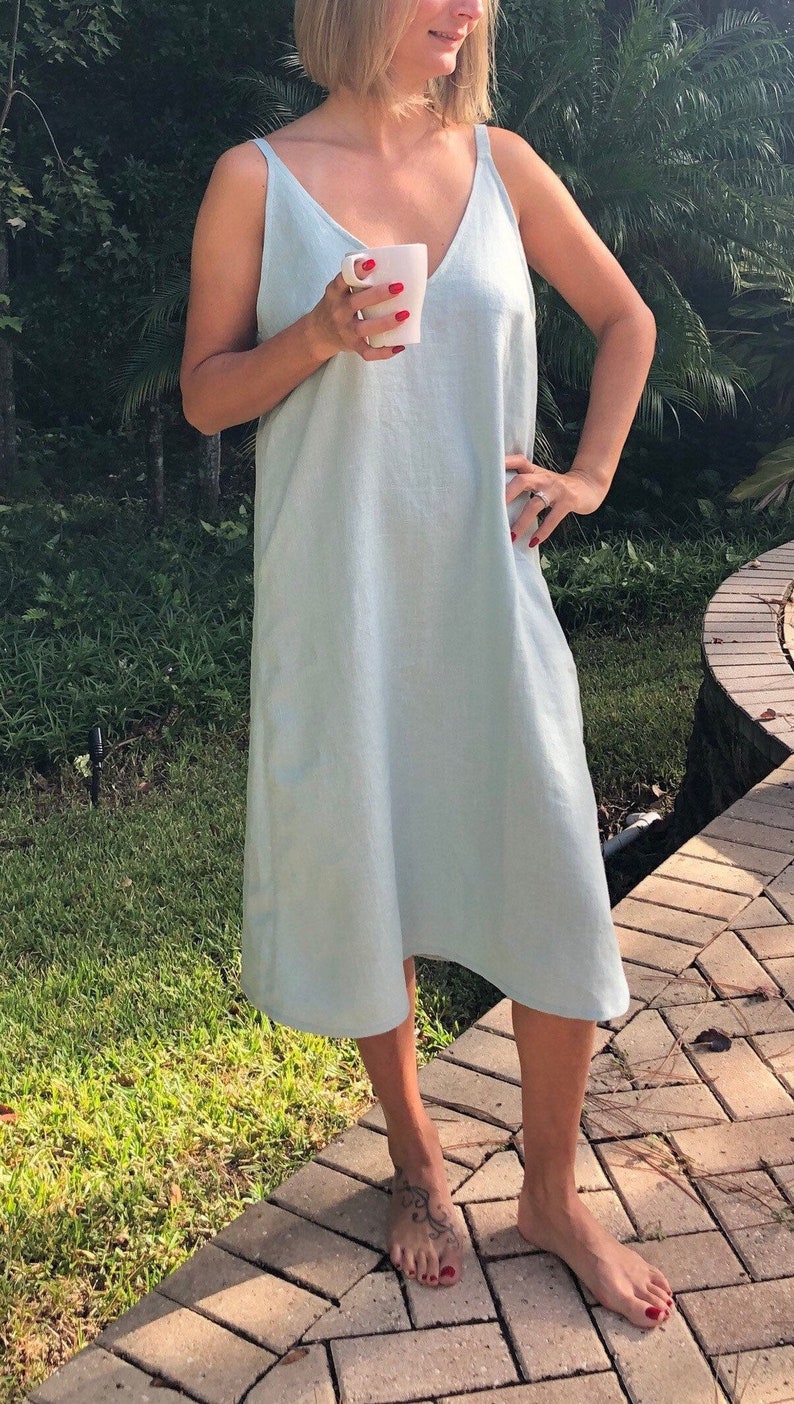 Linen nightdress, linen dress, linen nightgown, linen sleepwear, women sleepwear, V neck dress, linen summer dress, women’s nightgown, dress image 5