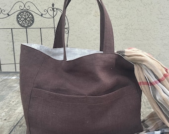 Linen tote bag with 2 front pockets, handmade linen bag with lining, linen lunch bag, summer handbag, library bag, gift bag, custom bag