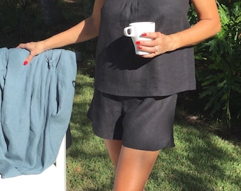 Linen pajama set, top and shorts; linen sleepwear; linen lounge wear; linen shorts; linen sleeveless top, linen camisole and shorts