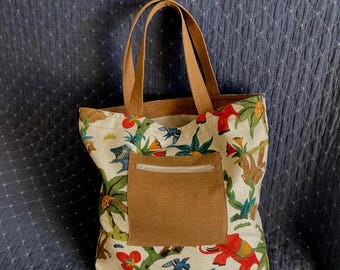 Large linen blend single layer market tote with front zippered pocket, reusable shopping bag, everyday shoulder bag, Novogratz print