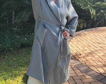Linen bathrobe for women, natural linen robe, linen long sleeve robe, linen bathrobe, shawl neck robe, long linen robe, robe with pockets