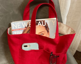 Linen tote bag with two pockets, handmade linen bag with lining, linen lunch tote, linen handbag, library bag, linen custom bag, linen bag
