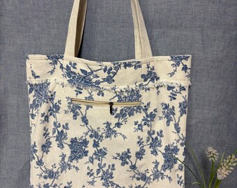 Large linen canvas tote with zippered front pocket, minimalistic linen handbag, reusable shopping bag, linen bag in flower pattern, gym bag