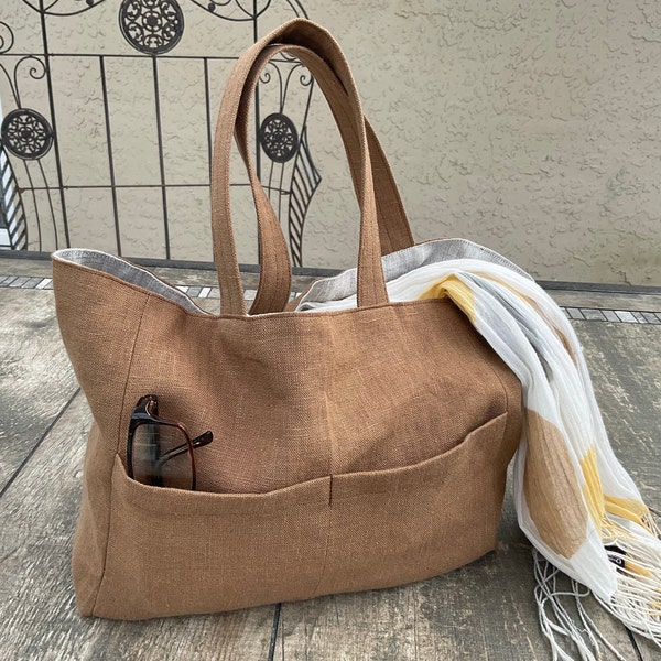 Linen tote bag with two pockets, handmade linen bag with lining, linen lunch bag, summer handbag, linen library bag, linen custom bag