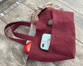 Linen tote bag with 2 pockets, handmade linen bag with lining, linen lunch bag, summer handbag, reusable linen tote, linen custom bag,