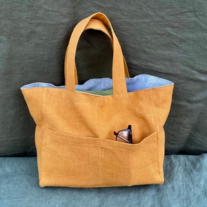 Linen tote bag with two pockets, handmade linen bag with lining, linen lunch bag, summer handbag, linen library bag, linen custom bag