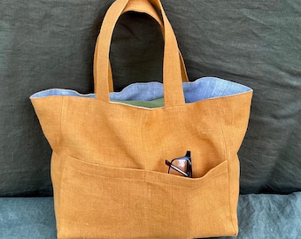 Linen tote bag with two pockets, handmade linen bag with lining, linen lunch bag, summer handbag, linen library bag, linen custom bag