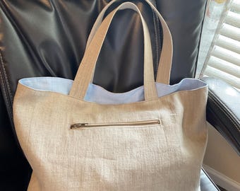 Linen tote bag, linen bag with zippered pocket, medium linen tote, linen shoulder bag, reusable linen bag, linen shopping bag, linen purse