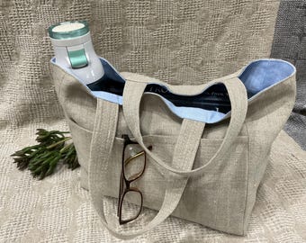 Small linen bag, rustic linen  handbag with pockets, linen shopping bag, lunch bag, linen tote bag, small linen bag, rustic linen purse